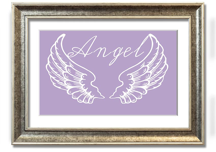 Framed print of delicate lilac angel wings, handmade in the UK, ready to hang.