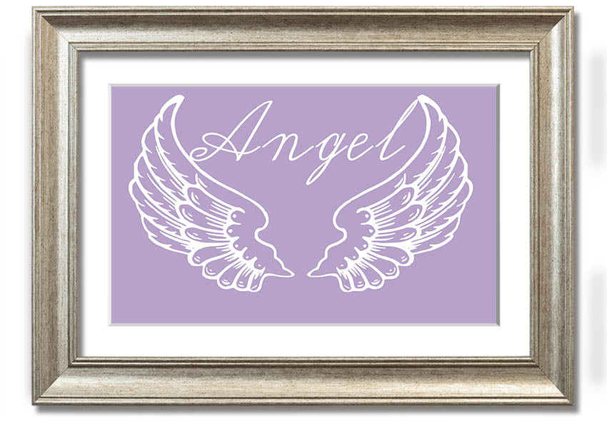 Framed print of delicate lilac angel wings, handmade in the UK, ready to hang.