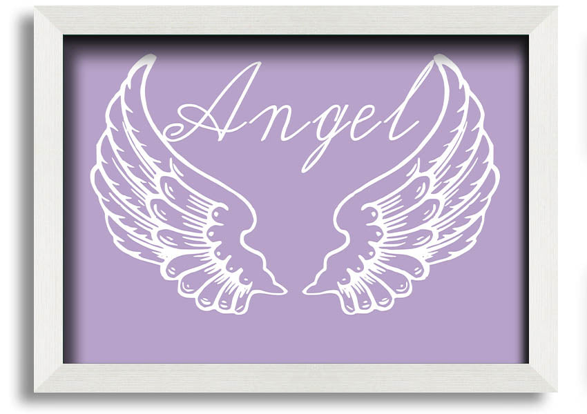 Framed print of delicate lilac angel wings, handmade in the UK, ready to hang.