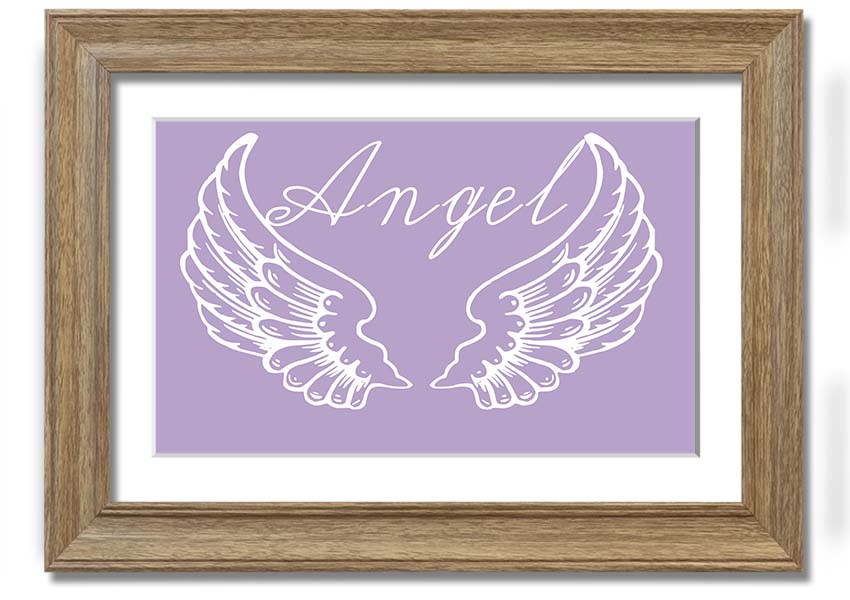 Framed print of delicate lilac angel wings, handmade in the UK, ready to hang.