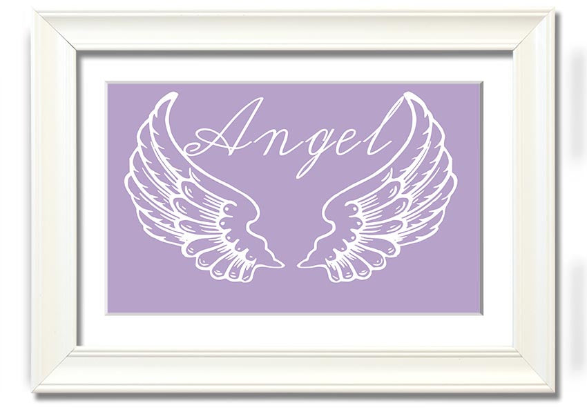 Framed print of delicate lilac angel wings, handmade in the UK, ready to hang.