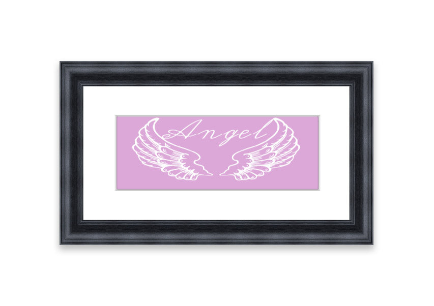 Framed print of delicate pink angel wings, handmade in the UK, ready to hang.