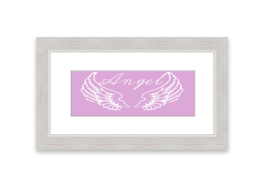 Framed print of delicate pink angel wings, handmade in the UK, ready to hang.