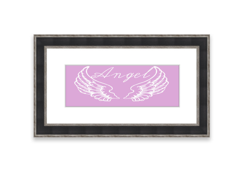 Framed print of delicate pink angel wings, handmade in the UK, ready to hang.