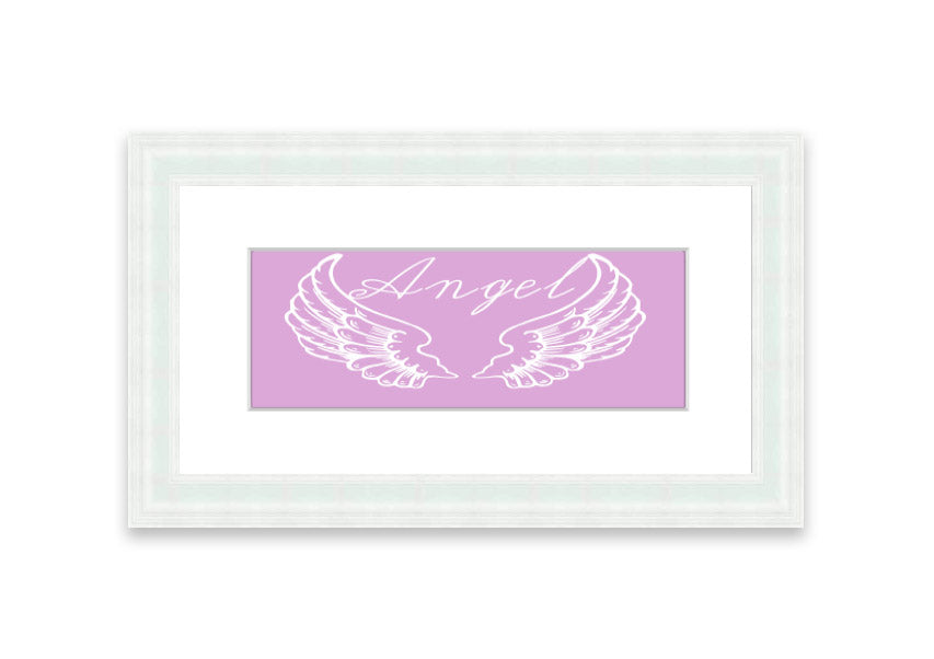 Framed print of delicate pink angel wings, handmade in the UK, ready to hang.