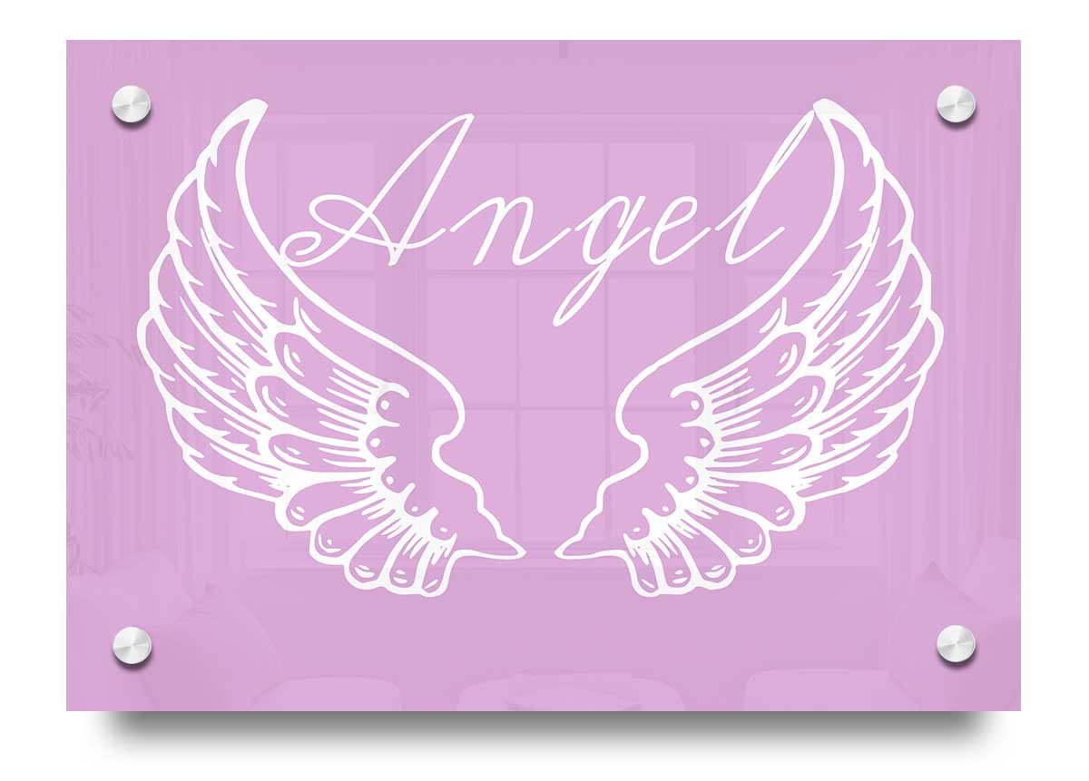 Angel Wings 4 Pink acrylic print featuring vibrant pink wings on clear acrylic glass, ideal for wall decor.