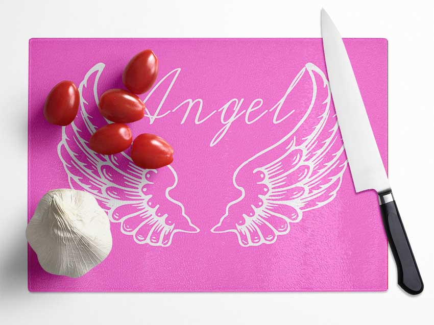 Angel Wings 4 Vivid Pink chopping board made from tempered glass with a chinchilla ripple effect and anti-slip feet.