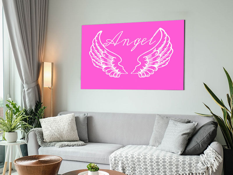 Angel Wings 4 Vivid Pink artwork printed on brushed aluminium dibond, showcasing vibrant pink colors and modern design.