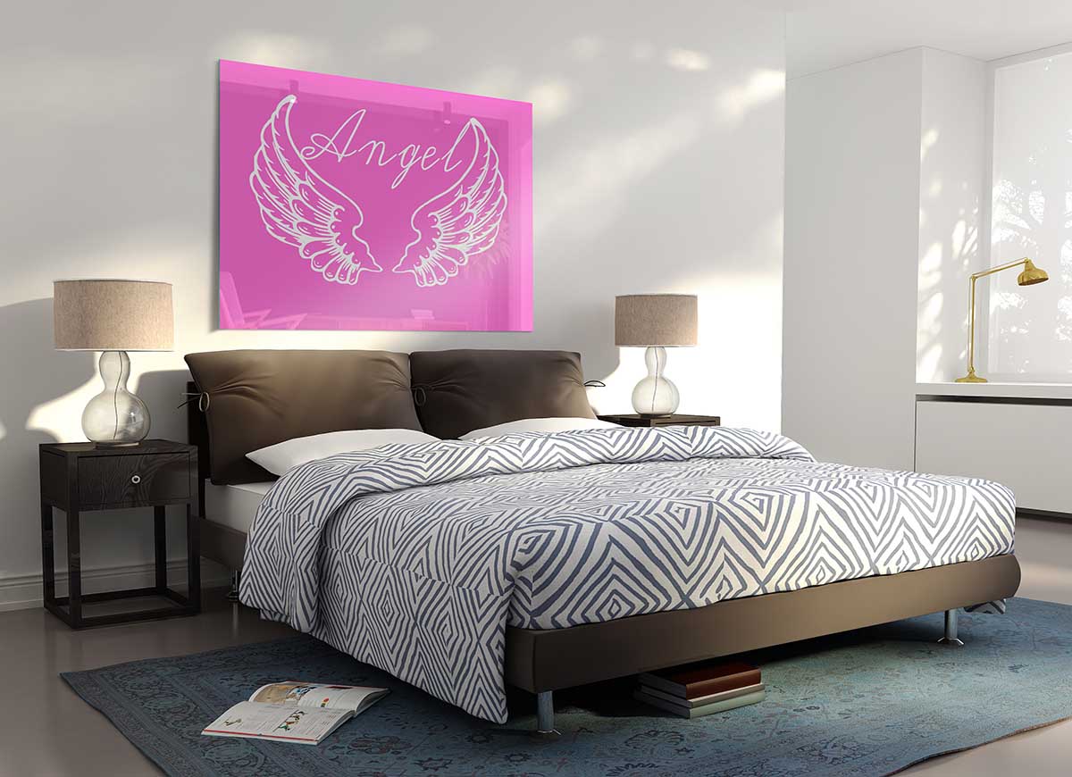 Angel Wings 4 Vivid Pink glass print featuring vibrant pink hues and modern design, perfect for home decor.