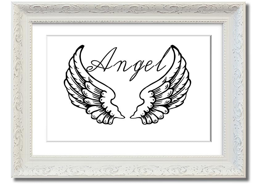 Angel Wings 4 White framed print showcasing delicate angel wings design, elegantly framed and ready to hang.