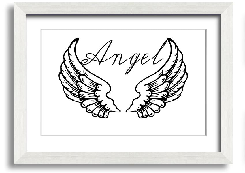 Angel Wings 4 White framed print showcasing delicate angel wings design, elegantly framed and ready to hang.