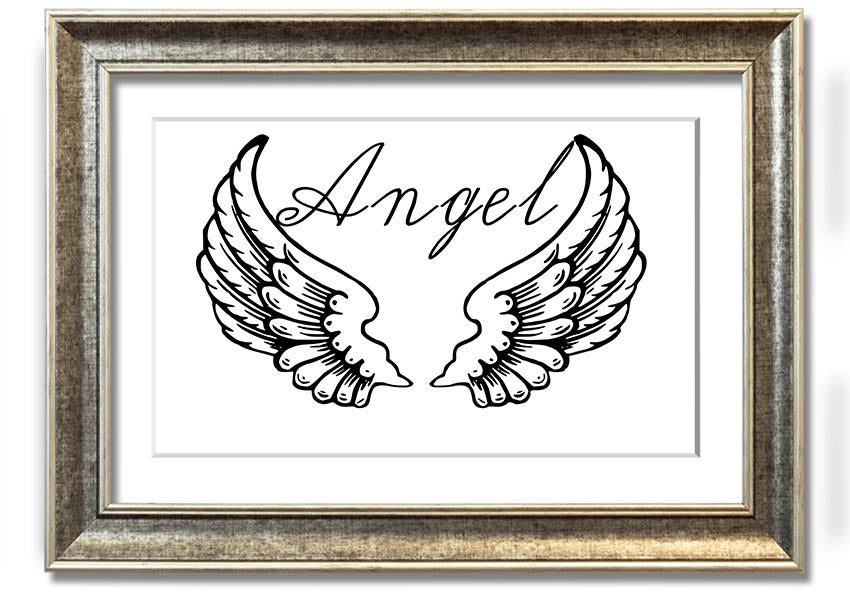 Angel Wings 4 White framed print showcasing delicate angel wings design, elegantly framed and ready to hang.