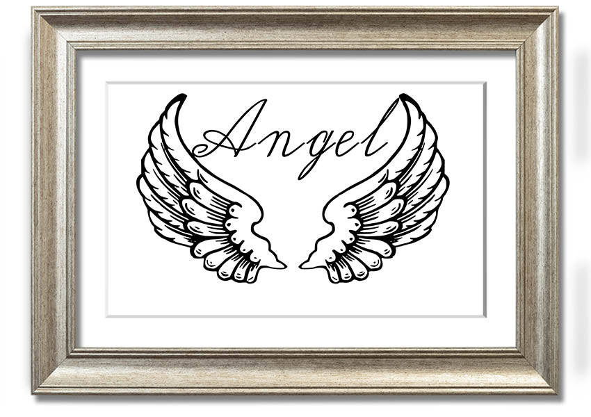 Angel Wings 4 White framed print showcasing delicate angel wings design, elegantly framed and ready to hang.