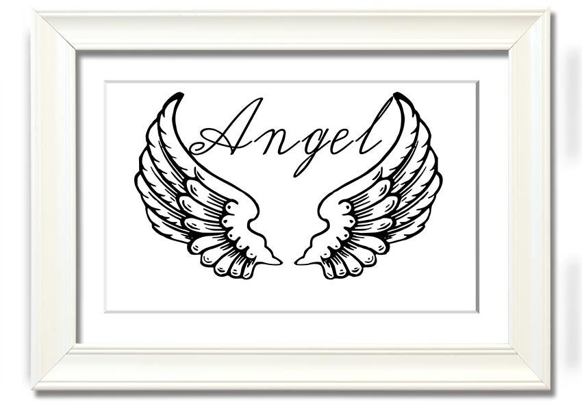 Angel Wings 4 White framed print showcasing delicate angel wings design, elegantly framed and ready to hang.