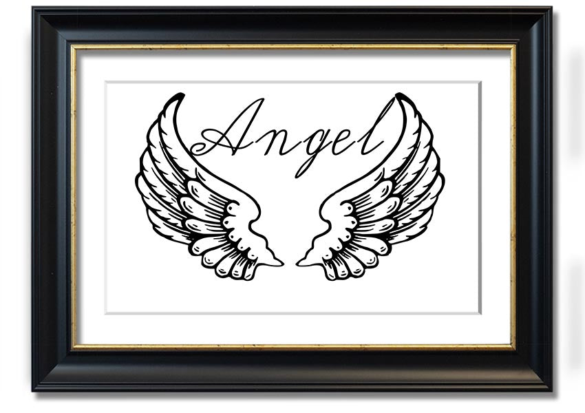 Angel Wings 4 White framed print showcasing delicate angel wings design, elegantly framed and ready to hang.