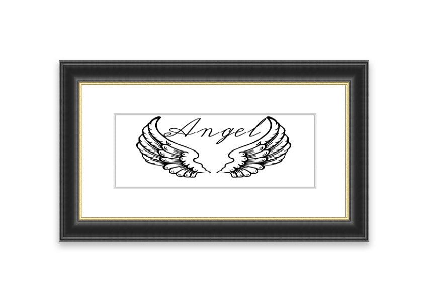 Framed print of angel wings in white, elegantly designed and ready to hang, showcasing craftsmanship from the UK.