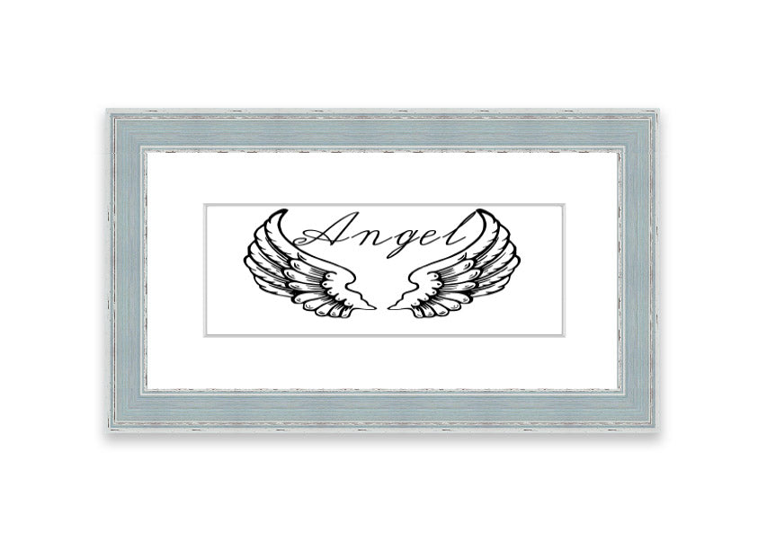 Framed print of angel wings in white, elegantly designed and ready to hang, showcasing craftsmanship from the UK.