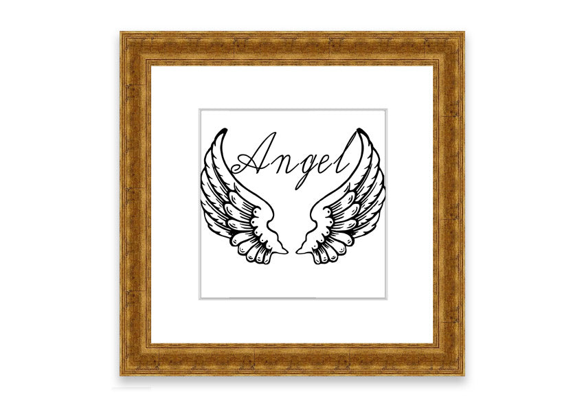 Framed print of angel wings in white, elegantly designed and ready to hang, showcasing craftsmanship from the UK.