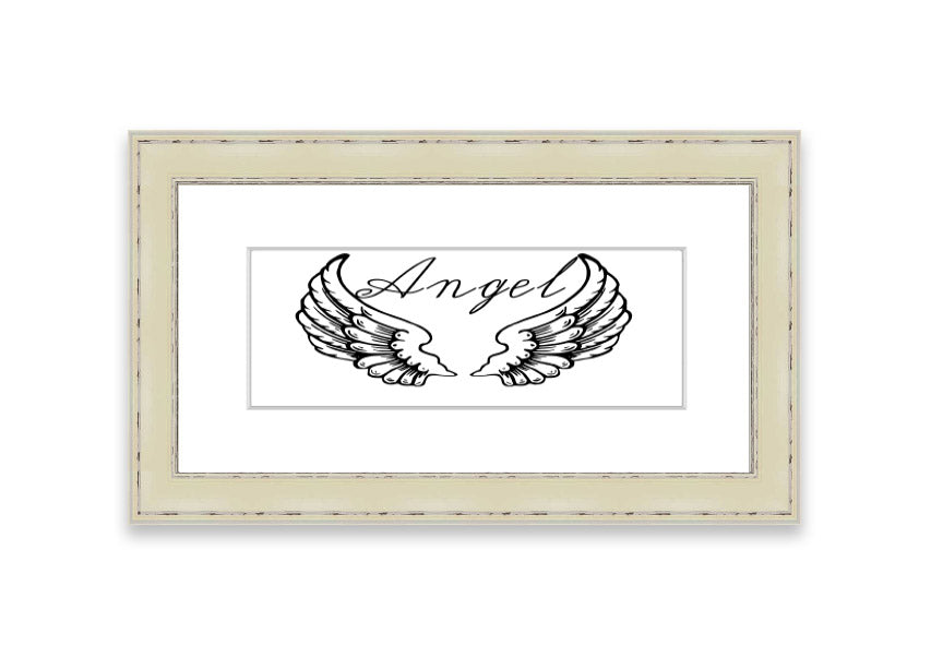 Framed print of angel wings in white, elegantly designed and ready to hang, showcasing craftsmanship from the UK.