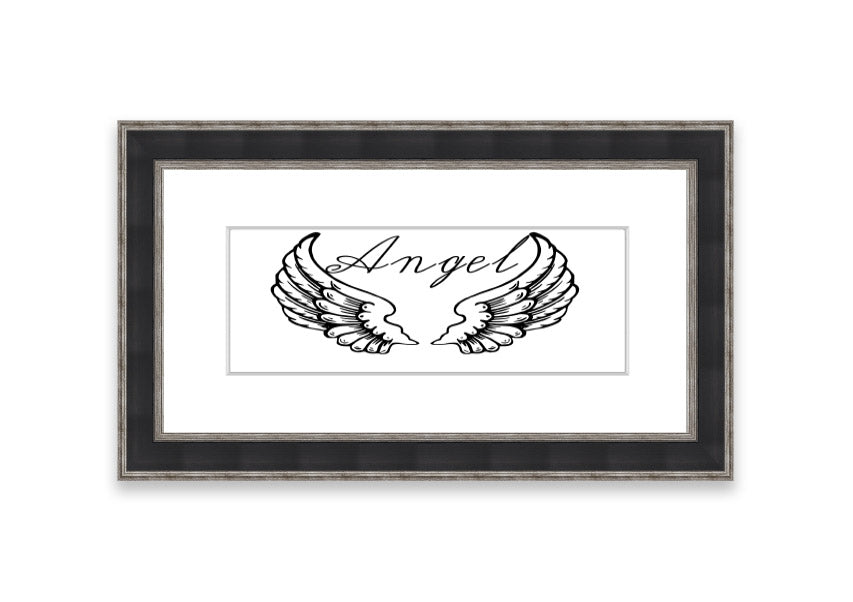 Framed print of angel wings in white, elegantly designed and ready to hang, showcasing craftsmanship from the UK.