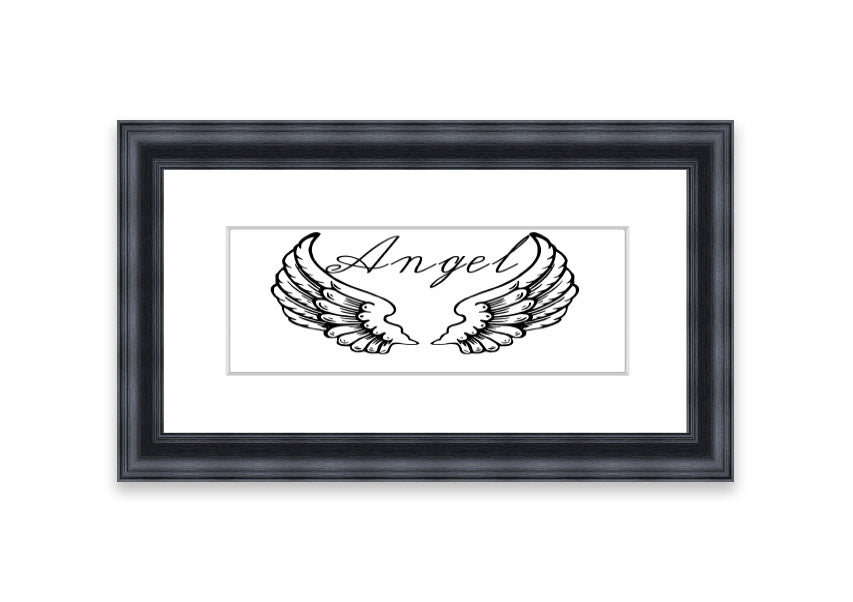 Framed print of angel wings in white, elegantly designed and ready to hang, showcasing craftsmanship from the UK.