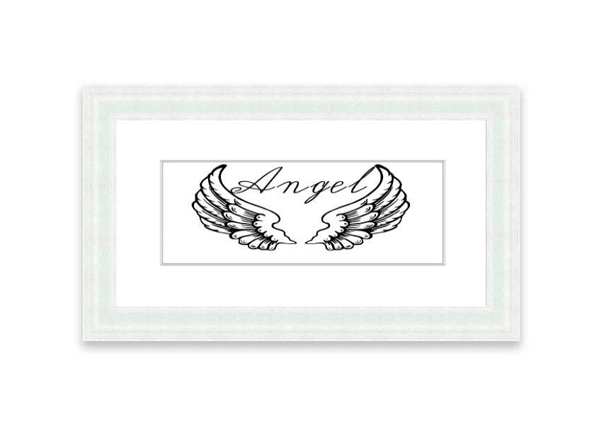 Framed print of angel wings in white, elegantly designed and ready to hang, showcasing craftsmanship from the UK.