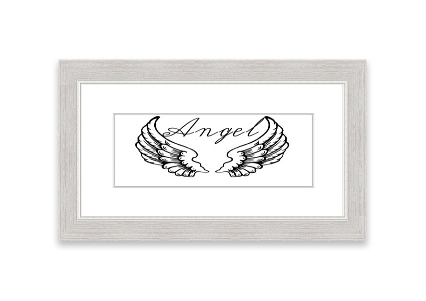 Framed print of angel wings in white, elegantly designed and ready to hang, showcasing craftsmanship from the UK.