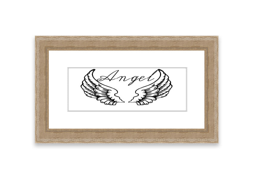 Framed print of angel wings in white, elegantly designed and ready to hang, showcasing craftsmanship from the UK.