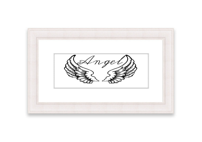 Framed print of angel wings in white, elegantly designed and ready to hang, showcasing craftsmanship from the UK.