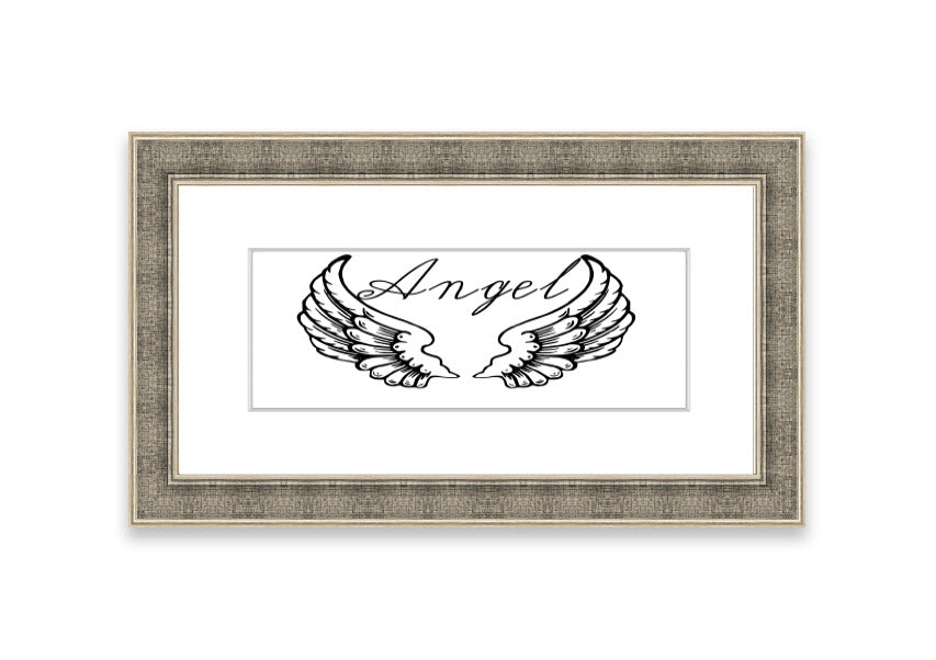 Framed print of angel wings in white, elegantly designed and ready to hang, showcasing craftsmanship from the UK.