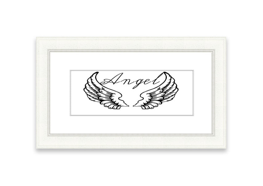 Framed print of angel wings in white, elegantly designed and ready to hang, showcasing craftsmanship from the UK.