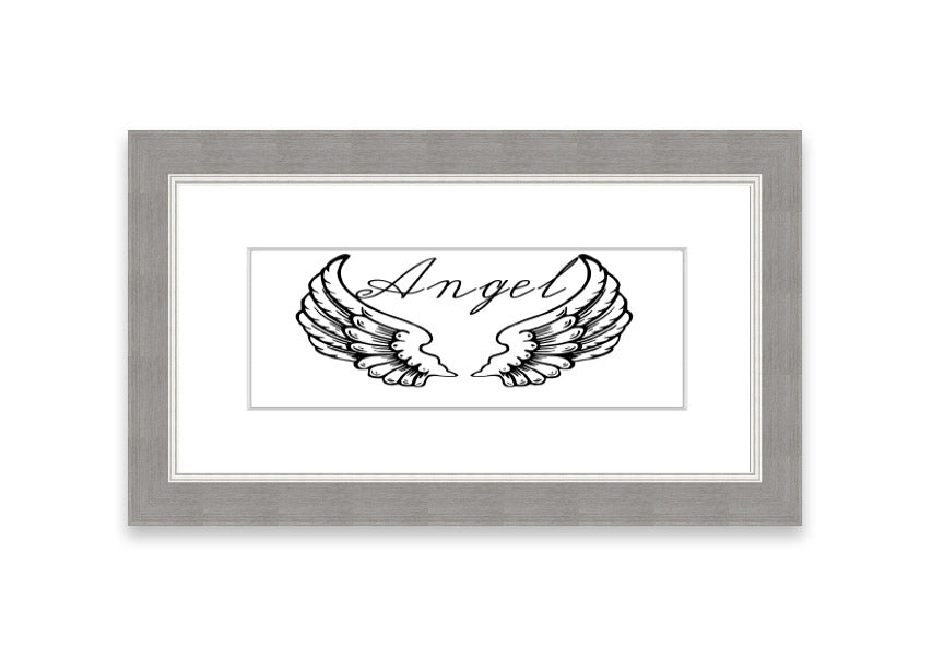 Framed print of angel wings in white, elegantly designed and ready to hang, showcasing craftsmanship from the UK.