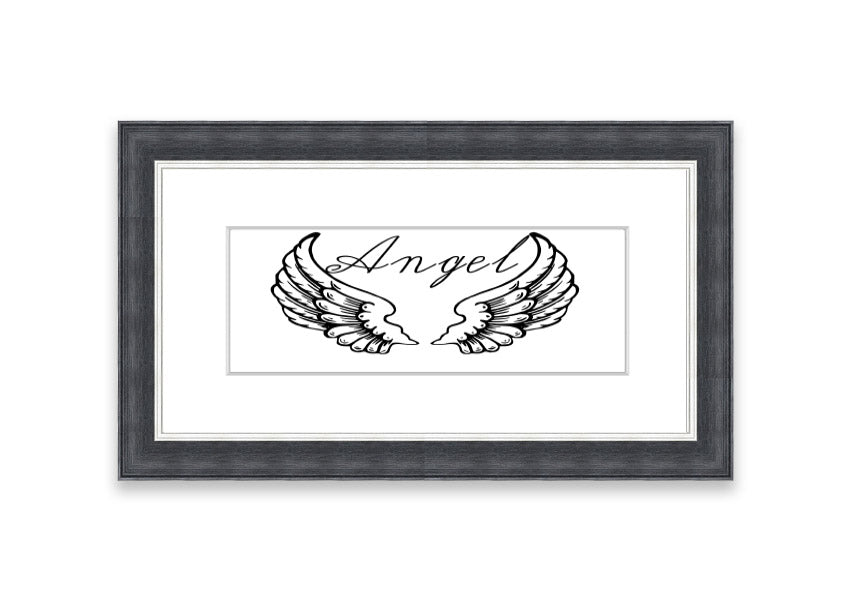 Framed print of angel wings in white, elegantly designed and ready to hang, showcasing craftsmanship from the UK.