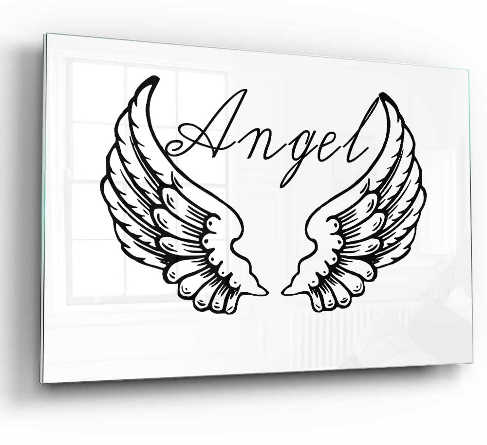 Angel Wings 4 White glass print featuring elegant angel wings design, perfect for modern home decor.