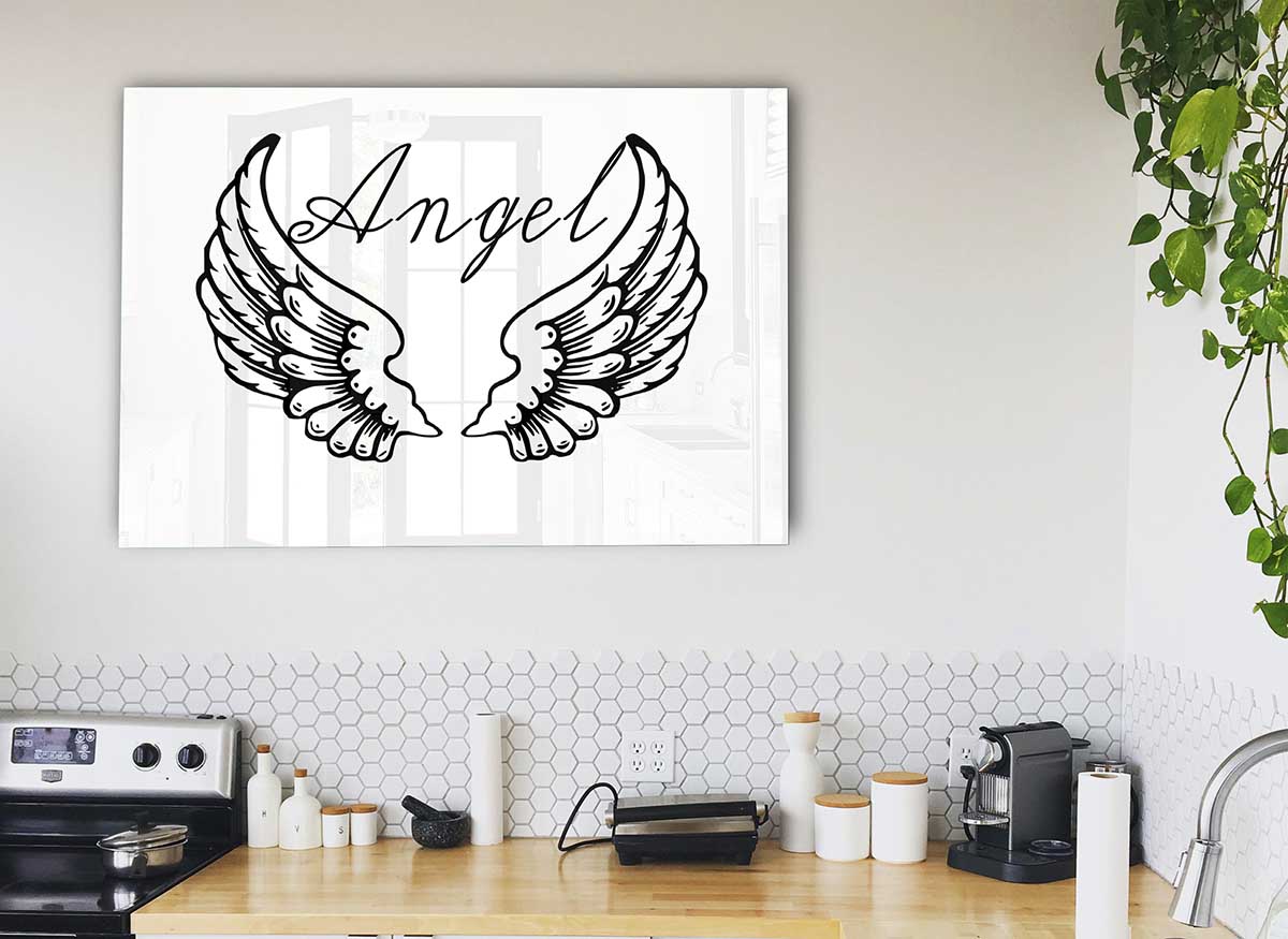 Angel Wings 4 White glass print featuring elegant angel wings design, perfect for modern home decor.