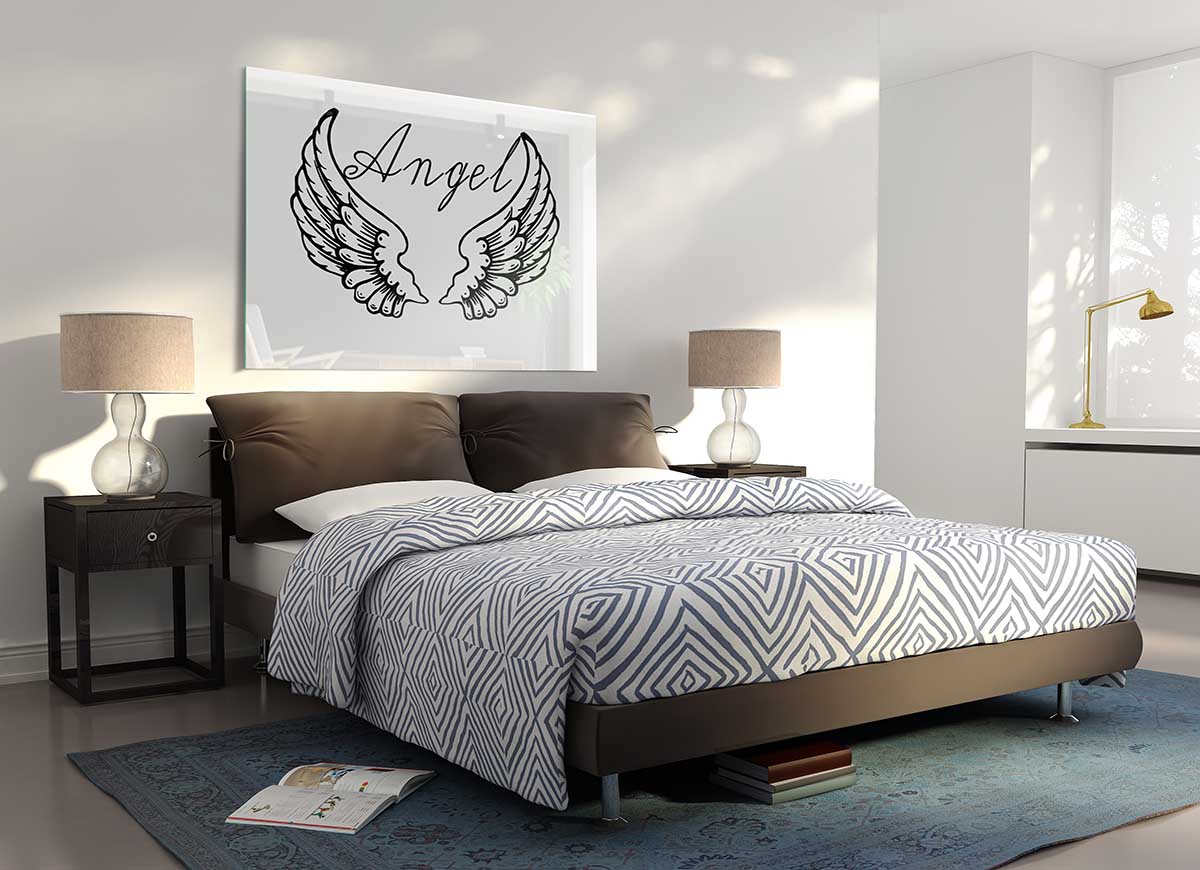 Angel Wings 4 White glass print featuring elegant angel wings design, perfect for modern home decor.