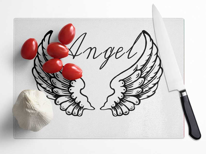 Angel Wings 4 White chopping board made of tempered glass with a chinchilla ripple effect and anti-slip feet.