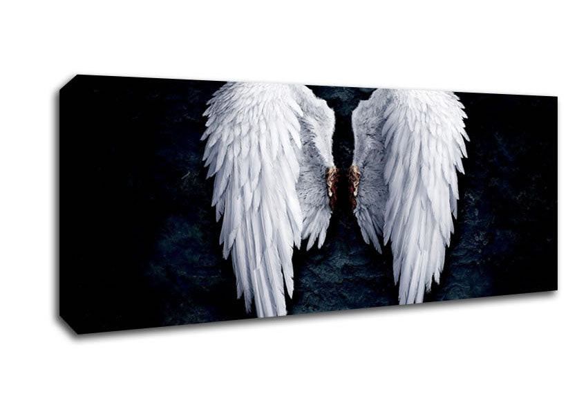 A beautifully designed canvas art featuring angel wings, mounted on a sturdy 44mm box frame, ready to hang.