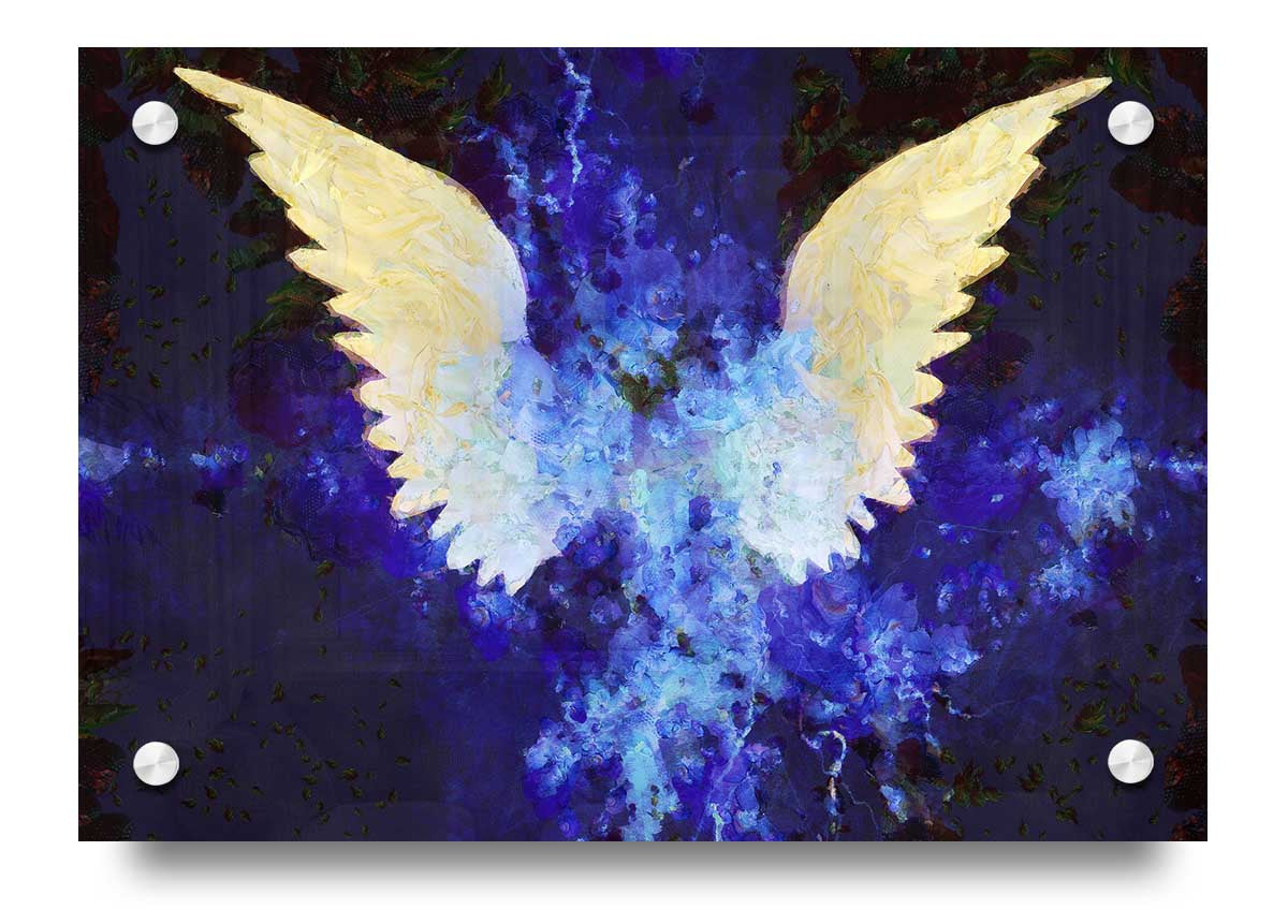 A beautiful acrylic print of angel wings, showcasing vibrant colors and a sleek finish, perfect for wall decor.