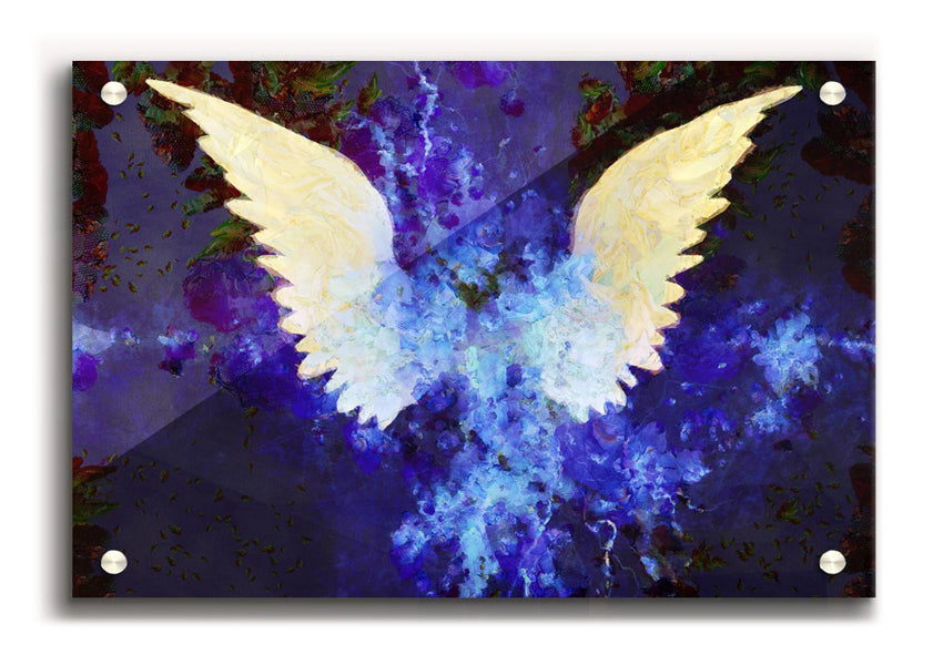 A beautiful acrylic print of angel wings, showcasing vibrant colors and a sleek finish, perfect for wall decor.