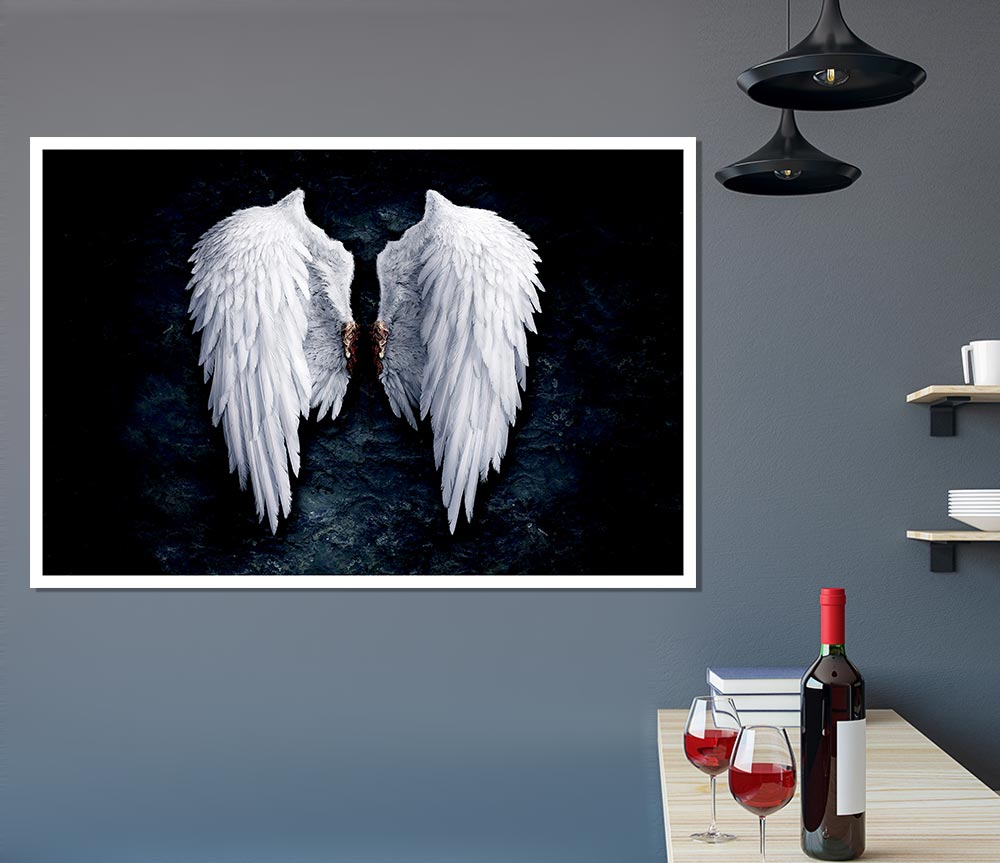 A beautiful canvas poster featuring angel wings, showcasing intricate details and soft colors, perfect for home decor.