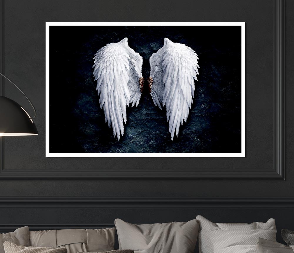 A beautiful canvas poster featuring angel wings, showcasing intricate details and soft colors, perfect for home decor.