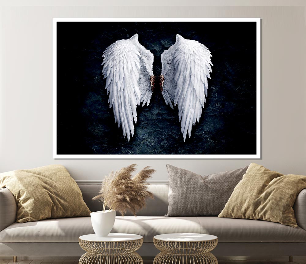 A beautiful canvas poster featuring angel wings, showcasing intricate details and soft colors, perfect for home decor.