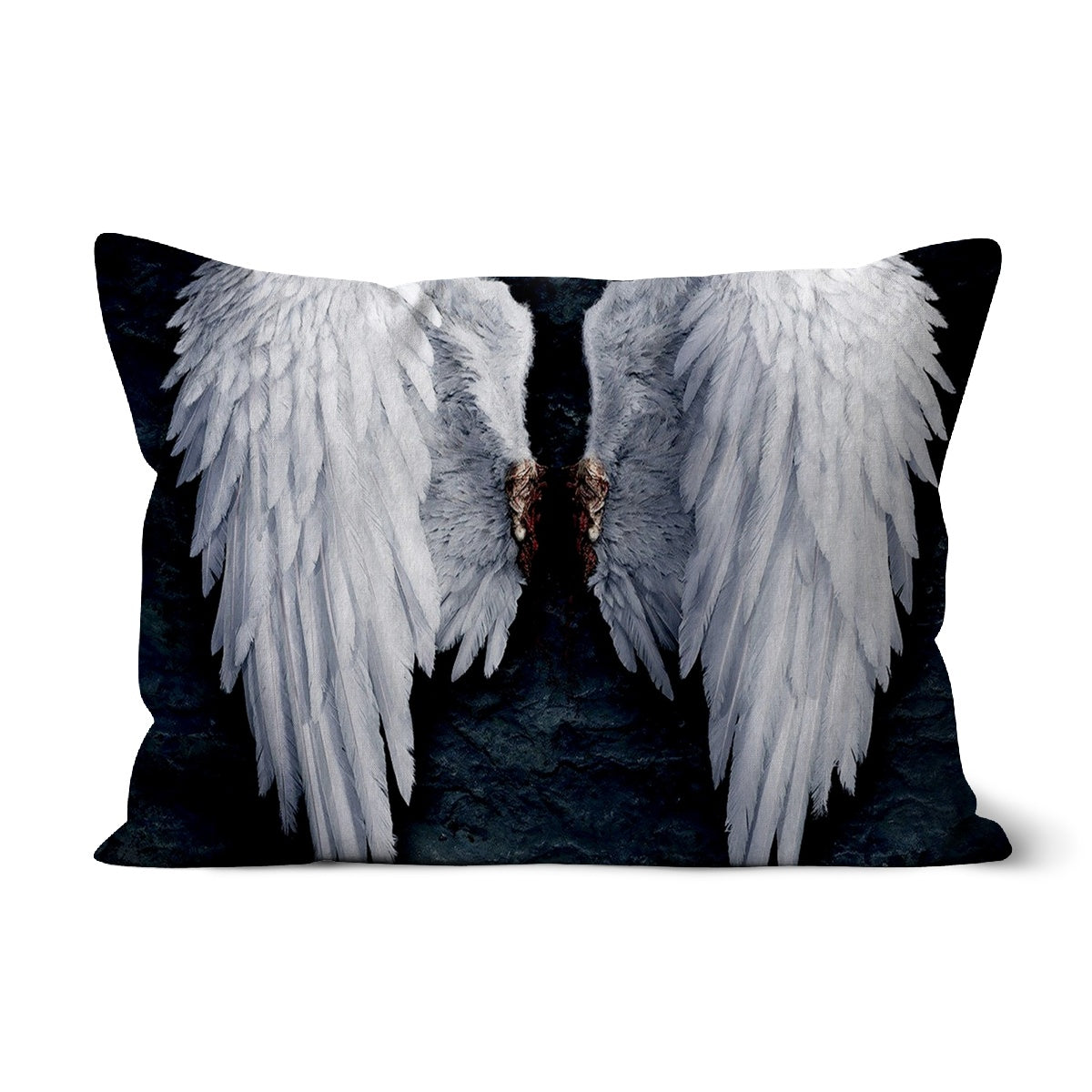 Angel Wings Banksy Cushion featuring a unique design, available in faux suede, linen, and cotton fabrics.