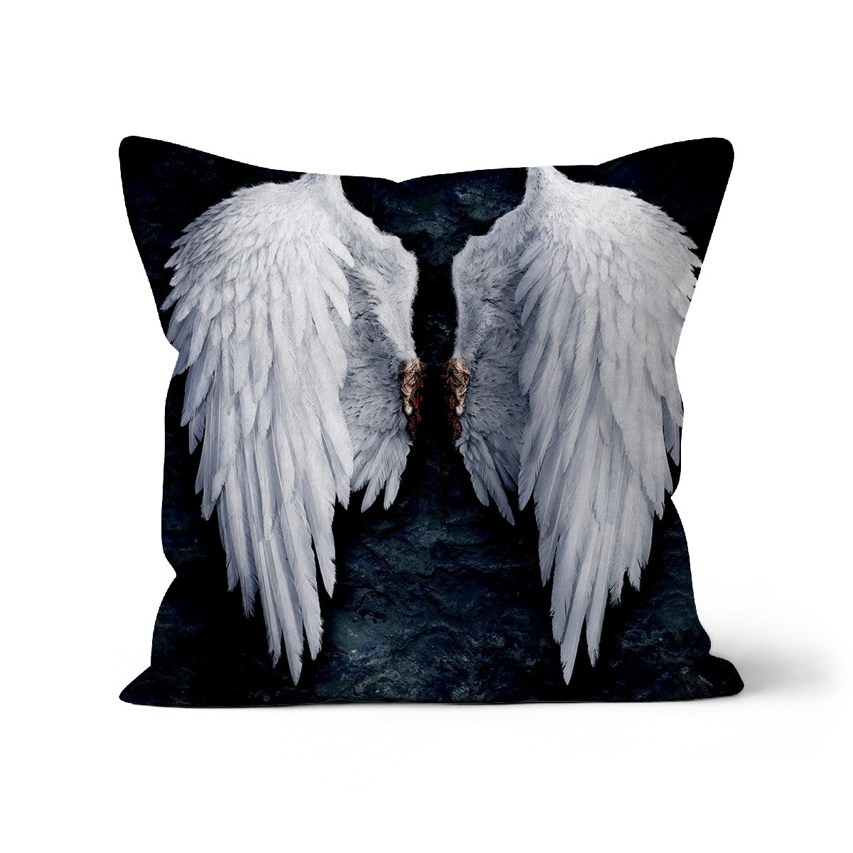 Angel Wings Banksy Cushion featuring a unique design, available in faux suede, linen, and cotton fabrics.