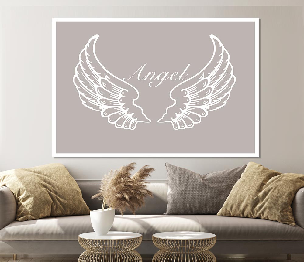 Angel Wings Beige canvas poster featuring delicate angel wings design on a neutral beige background, perfect for home decor.