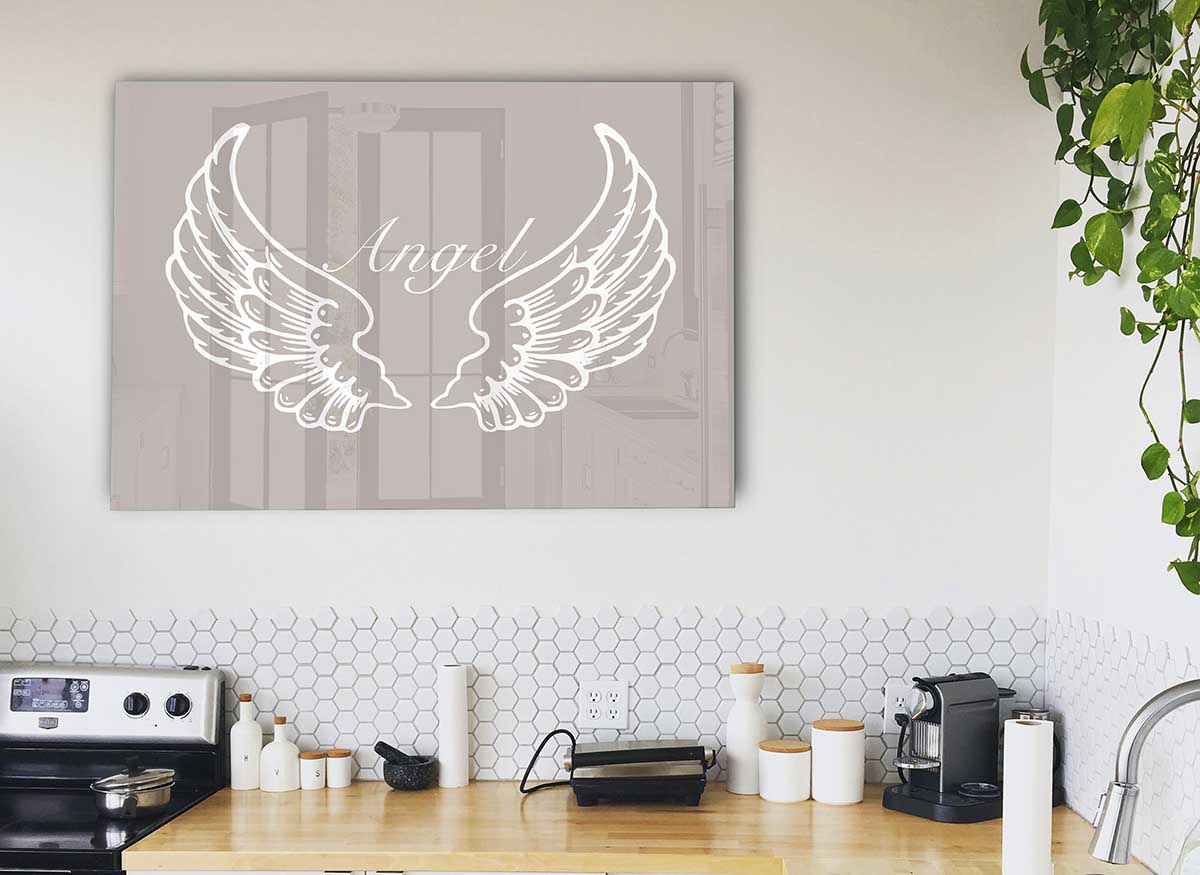 Angel Wings Beige glass print featuring elegant wing design in soft beige tones, perfect for modern home decor.