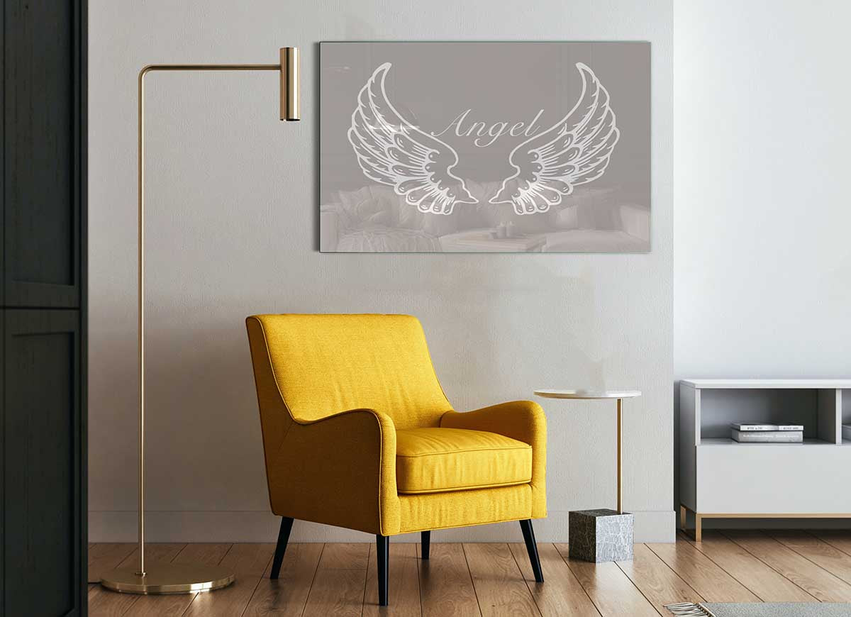 Angel Wings Beige glass print featuring elegant wing design in soft beige tones, perfect for modern home decor.