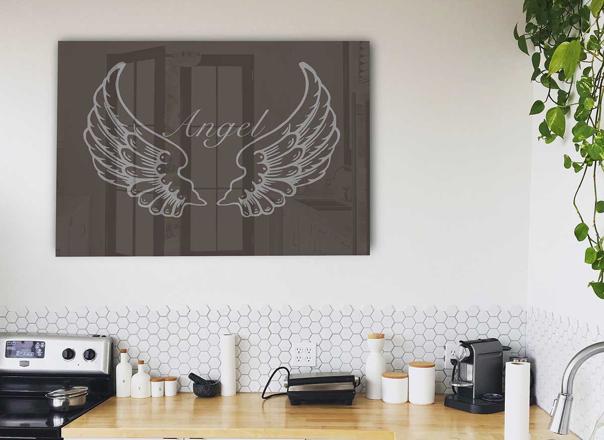 Angel Wings Chocolate glass print featuring elegant angel wings design, perfect for modern home decor.