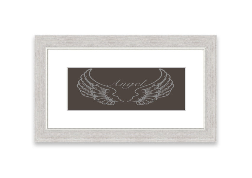 A beautifully framed Angel Wings Chocolate print showcasing delicate angel wings, available in various frame colors.